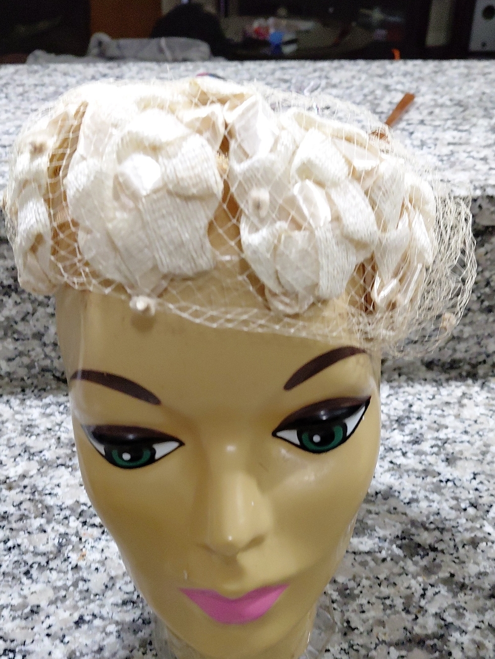 Vintage Ivory Floral Netting Pillbox Hat - Women Accessories Beige